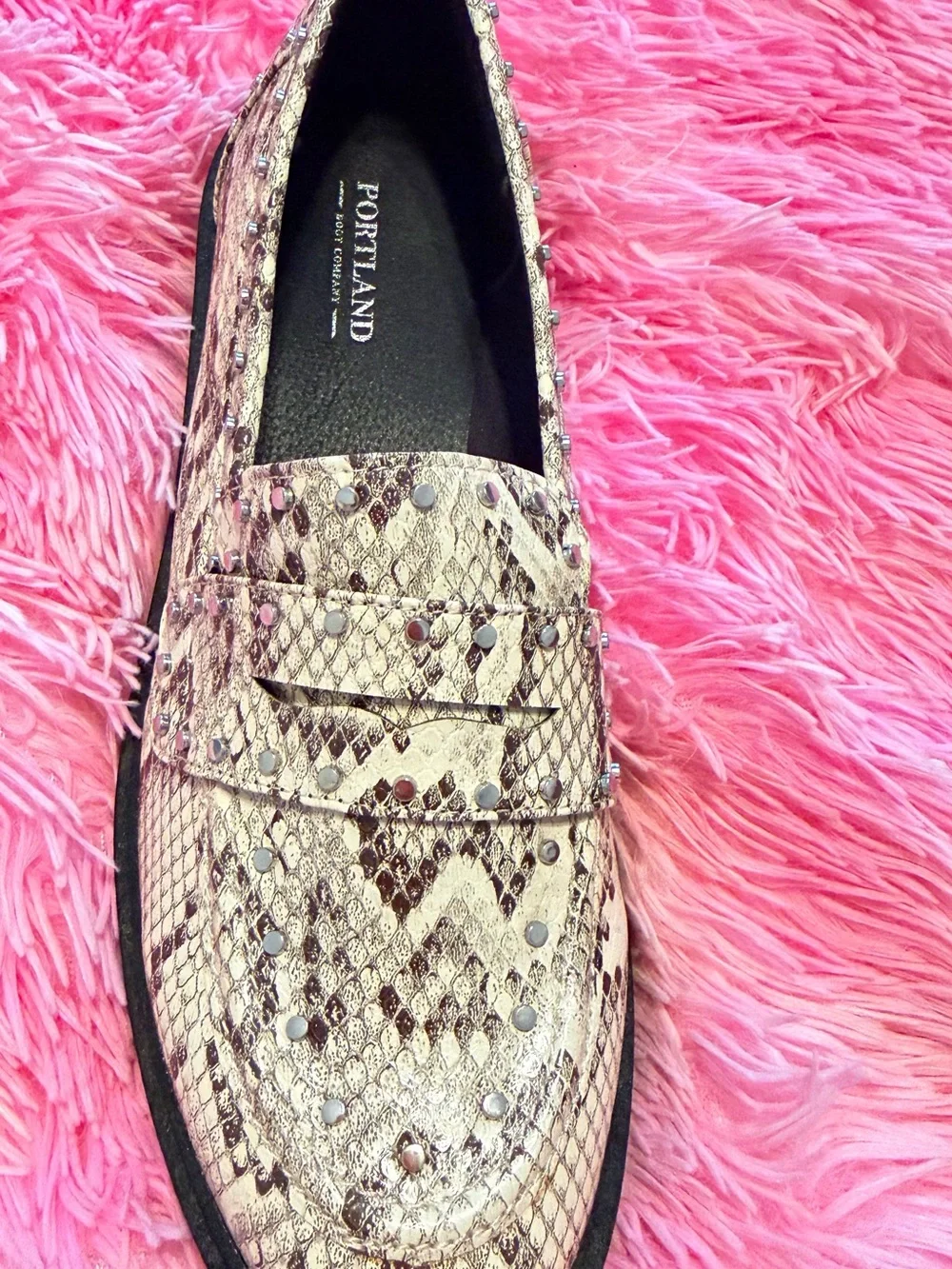 Men's Snake-Print Studded Penny Loafers in Beige